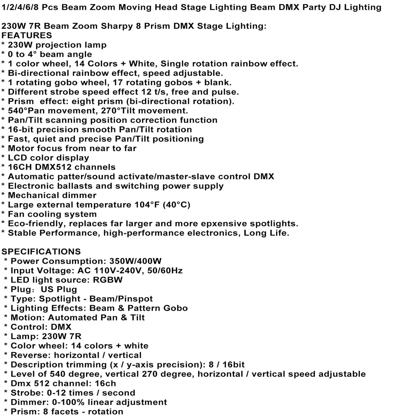 1/2/4/6/8 Pcs Beam Zoom Moving Head Stage Lighting Beam DMX Party DJ Lighting