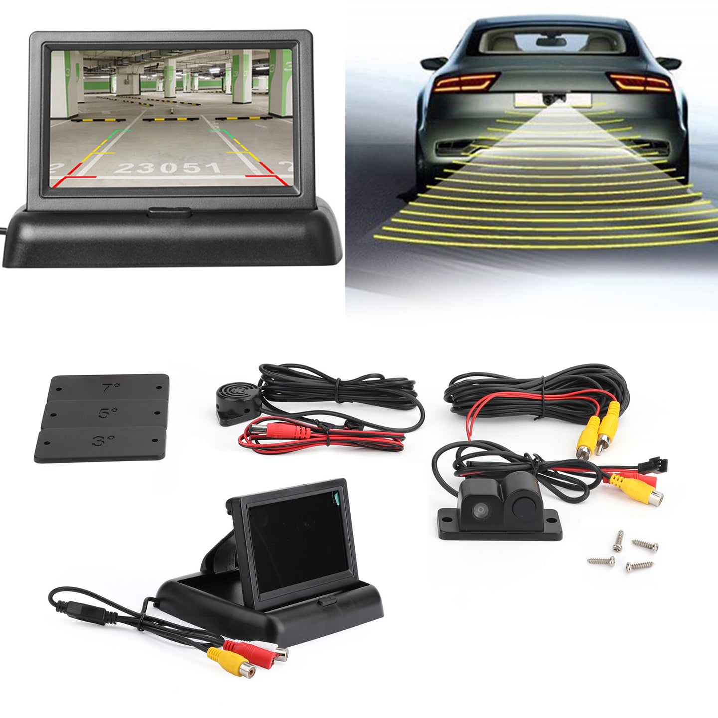 Car Rear Camera Parking Sensor Radar + Beeper + 4.3" LCD Fold Mirror Kit