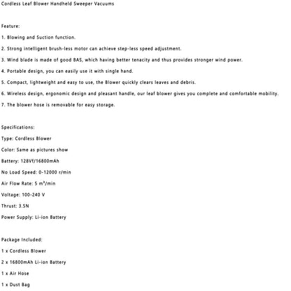 128VF 2-in-1 Cordless Leaf Blower & Vacuum – Battery-Powered Yard Dust Cleaner with Rechargeable Battery