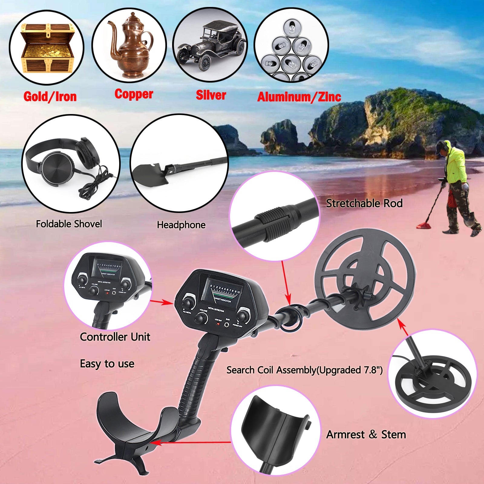 Shovel + Headphone + Metal Detector Gold Digger Hunter Waterproof Deep Sensitive