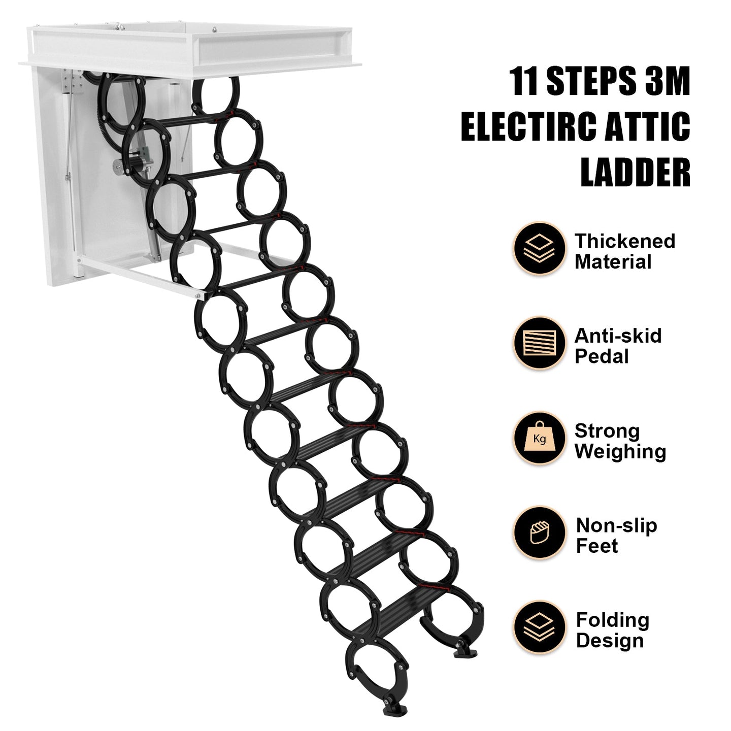 11 Steps 3m Electirc Attic Ladder Aluminum Folding With Remote Loft 31.5*35.4inch