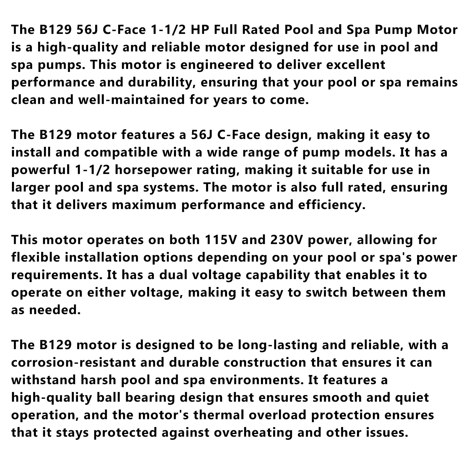 B129 Pool & Spa Pump Motor, 1.5 HP, 56J C-Face, Fits Hayward Super Pump, Pentair WhisperFlo & Sta-Rite Dura-Glas