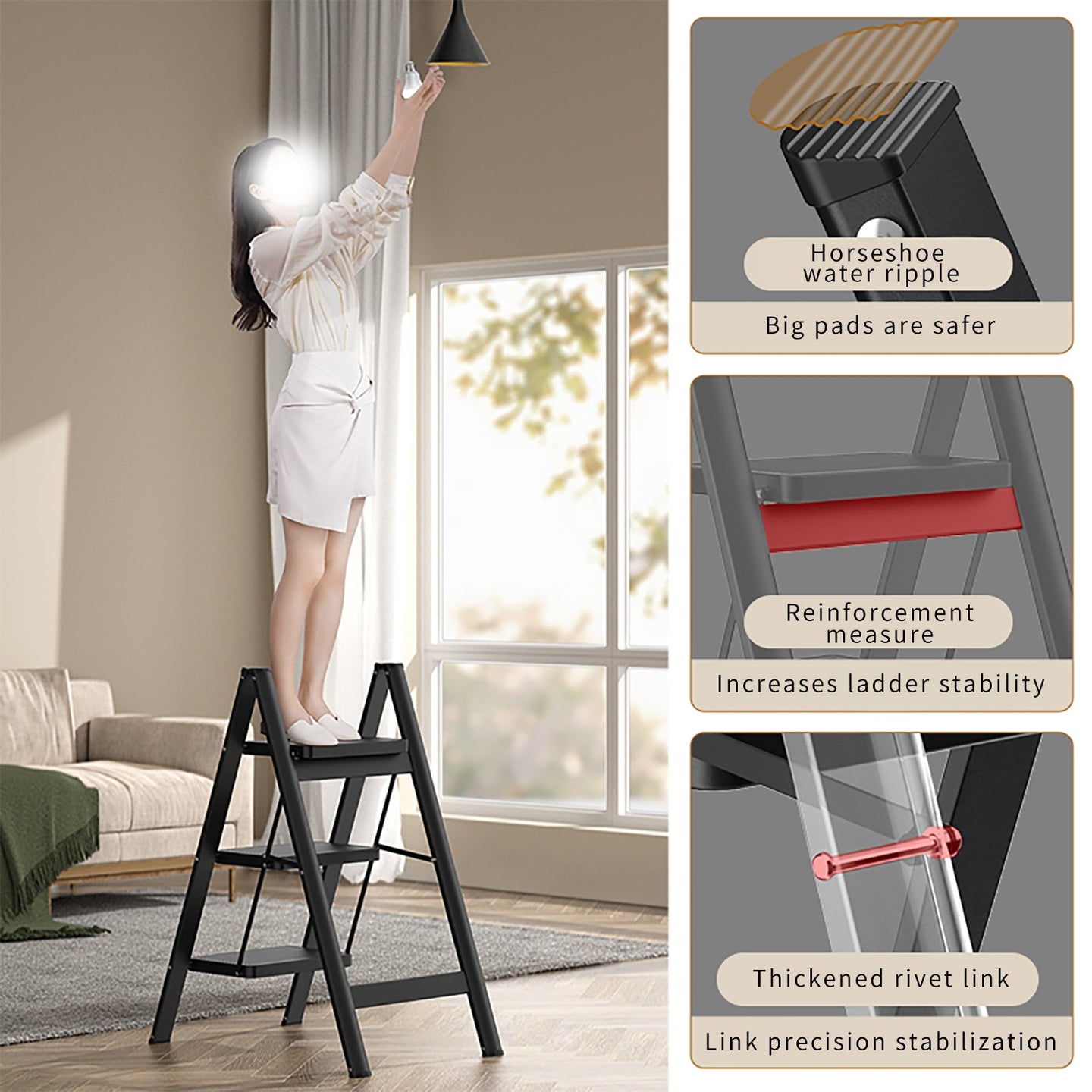 Compact Stepladder, 3 Tiers, Foldable, Aluminum, Wide, Lightweight