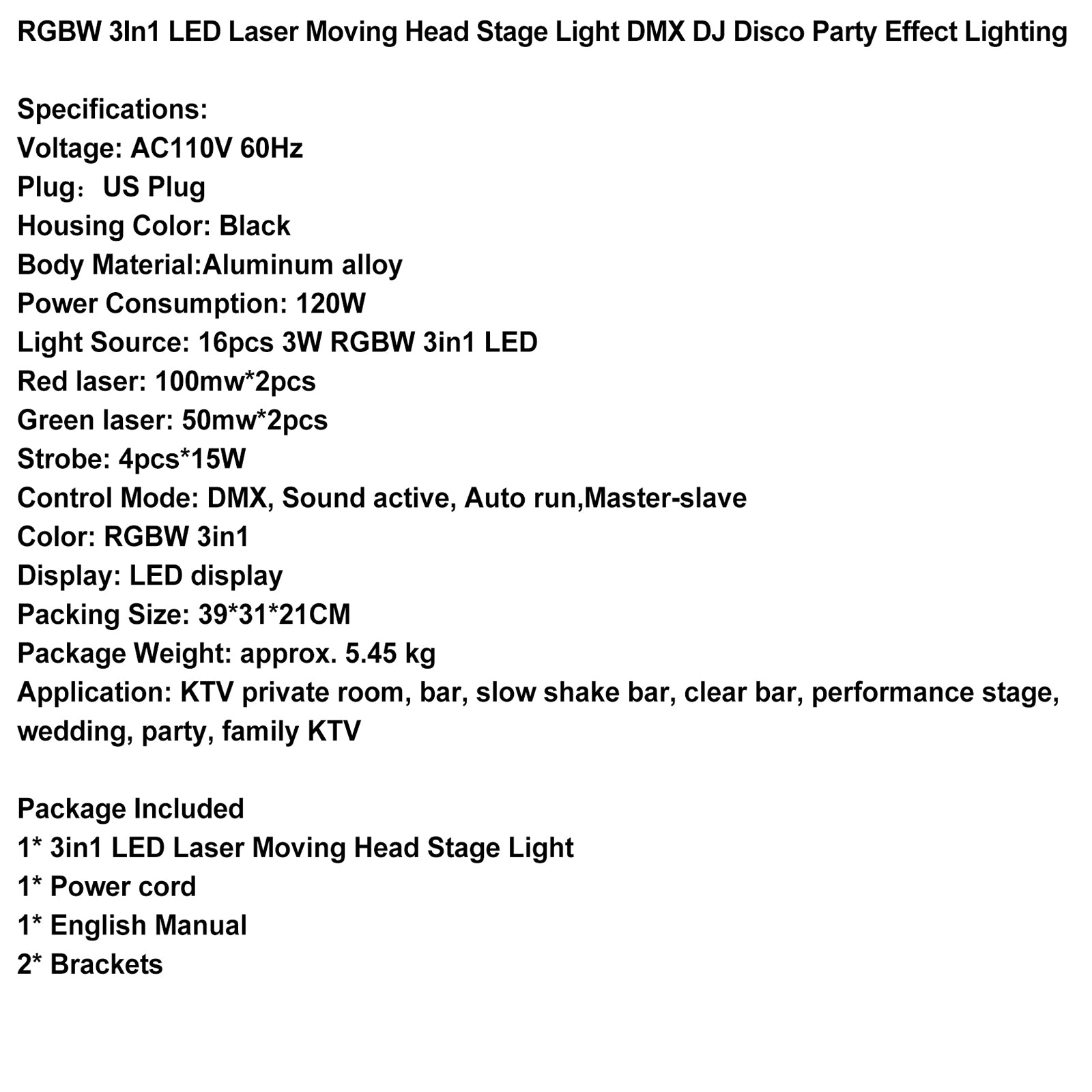 3-in-1 LED Moving Head DJ Light with RGBW Wash, Laser & Strobe Effects, DMX Controlled Party Stage Lighting
