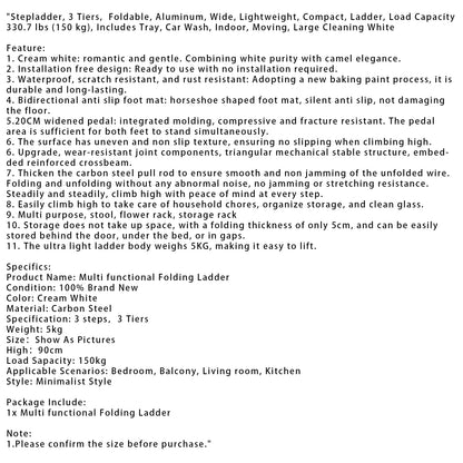 3-Step Folding Stepladder with Wide Anti-Slip Pedals, 330 lbs Capacity Lightweight Step Stool for Home & Kitchen (Cream White)