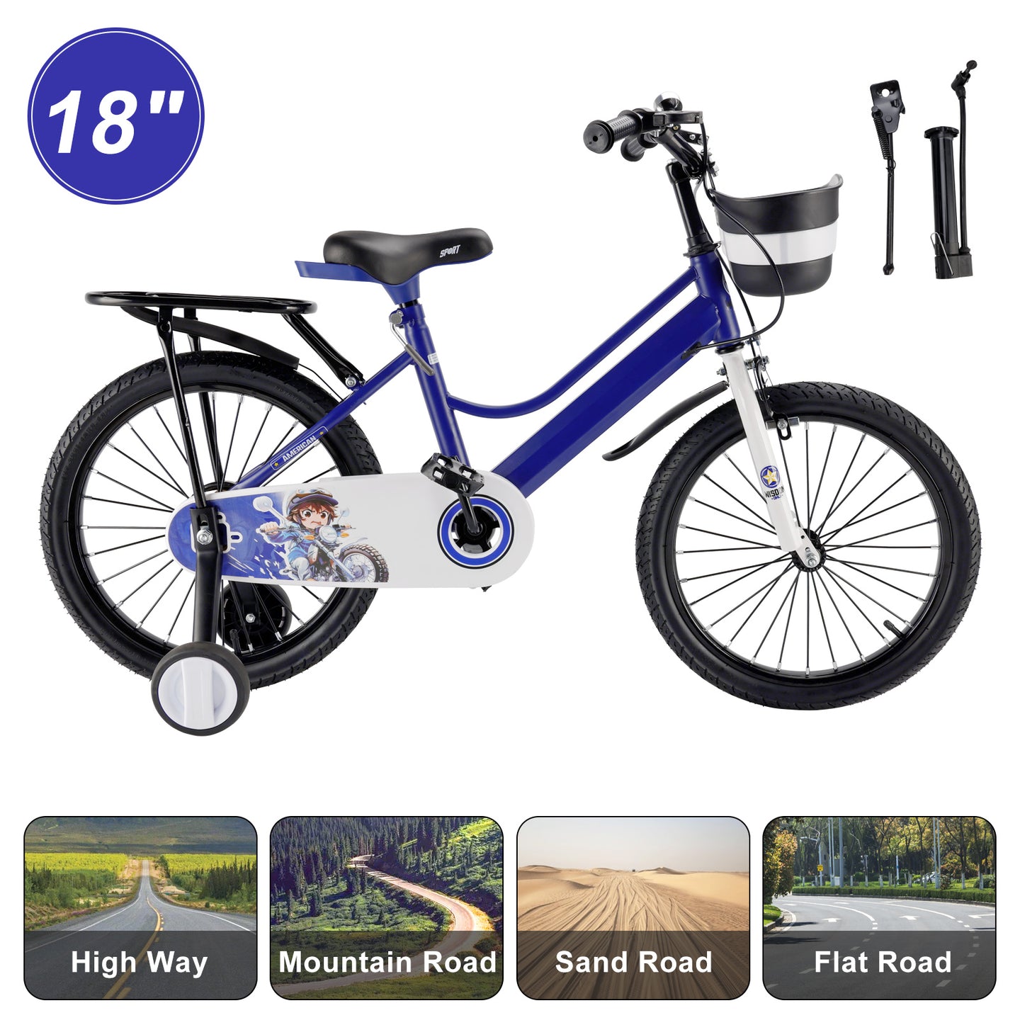 16" Kids Bike for Boys and Girls with auxiliary wheels & Rack Dark Blue