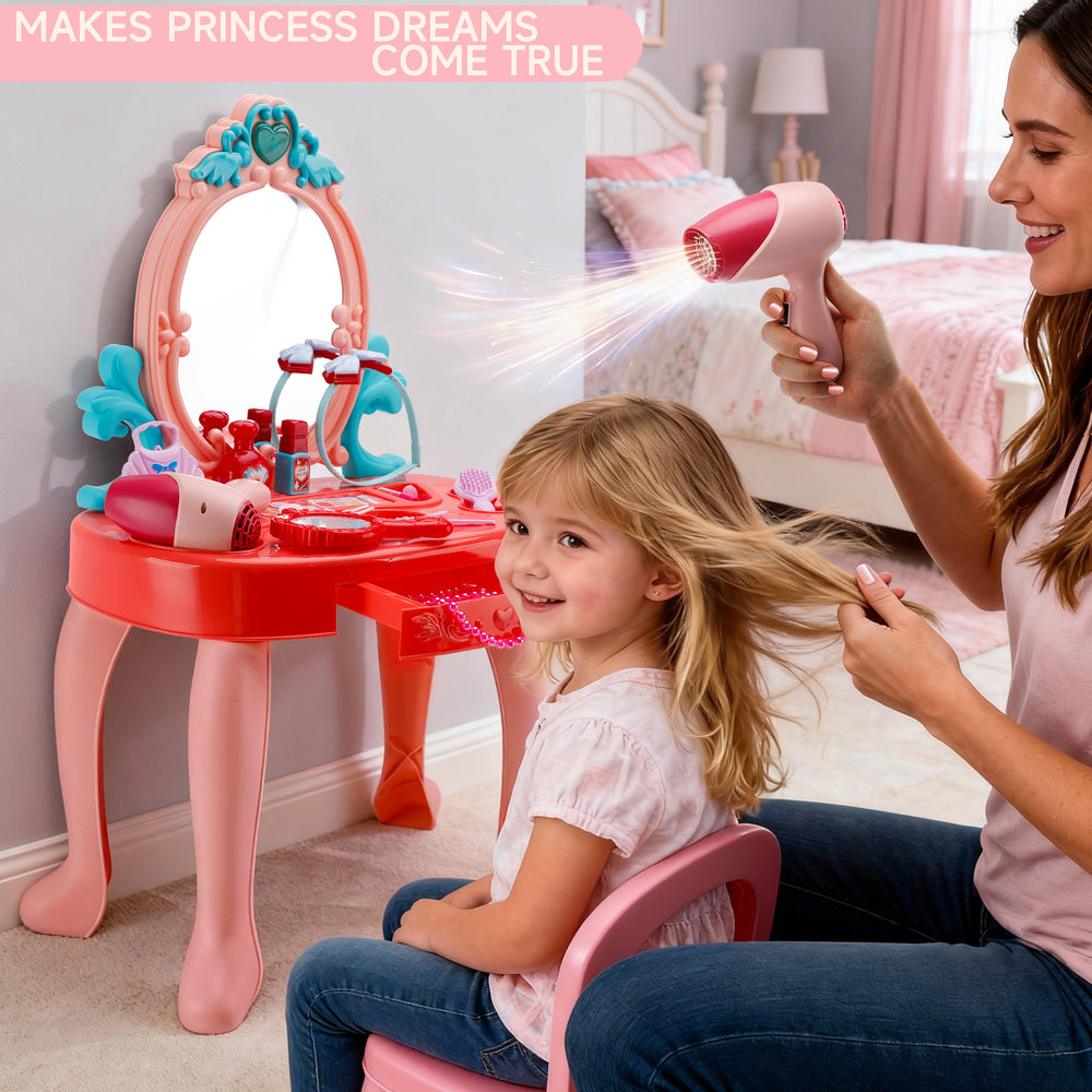 Toddler Makeup Table with Mirror and Chair Kids Vanity Set with Blowdryer for 3+