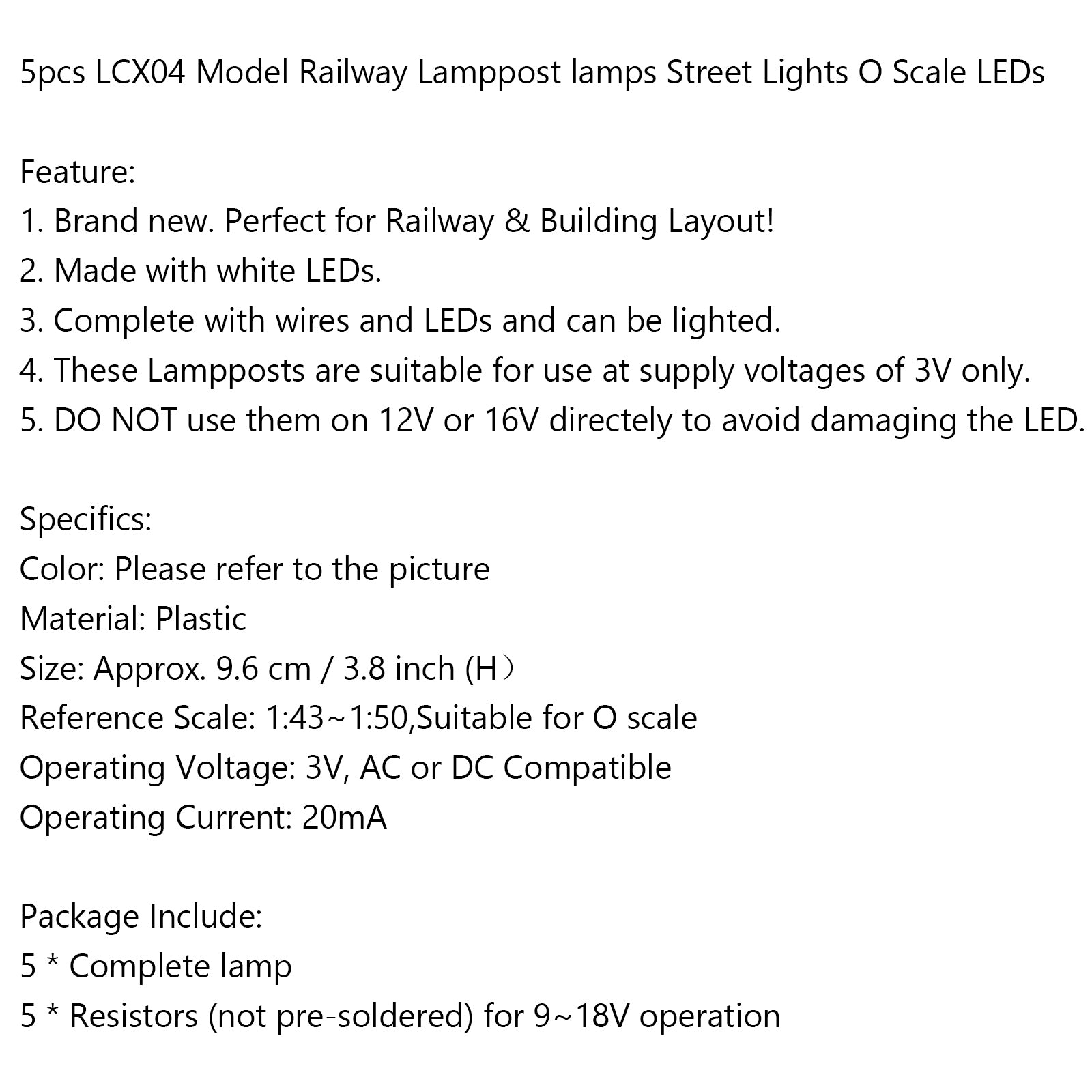 5pcs LCX04 Model Railway Lamppost lamps Street Lights O Scale LEDs