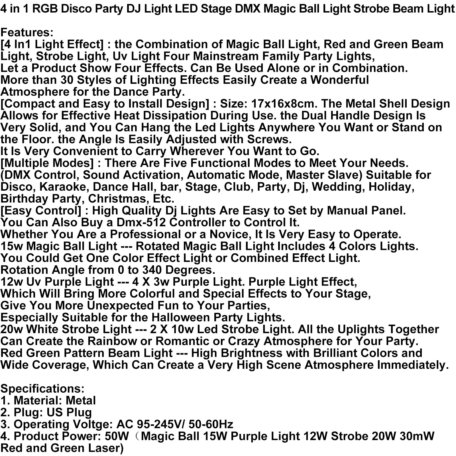 4-in-1 DJ Party Light with Strobe, UV Blacklight, Magic Ball & Laser, DMX & Sound Activated with Remote