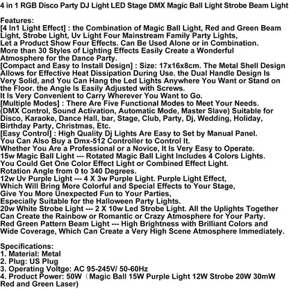 4-in-1 RGB LED Disco Party Light – DJ Stage Magic Ball Strobe & Beam DMX Lighting
