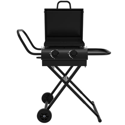 16,000 BTU 2-Burner Portable Propane Gas Griddle with Folding Scissor Legs, Hood & Side Shelf for Outdoor Cooking