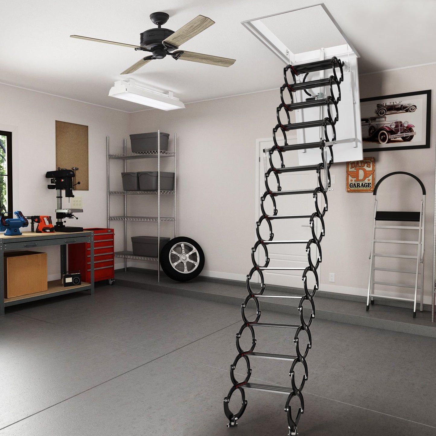 Electric Folding Attic Ladder, 13-Step for up to 11.8ft Ceilings, Fits 35" x 27.5" Opening, 500 lbs Capacity (Black)