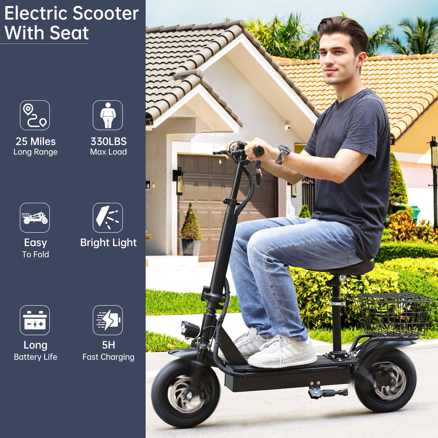 400W Adult Shock Absorption Electric Scooter with Seat 10" Commuter Electric Scooter With Carry Basket - Up to 25 Miles 20MPH For Lady