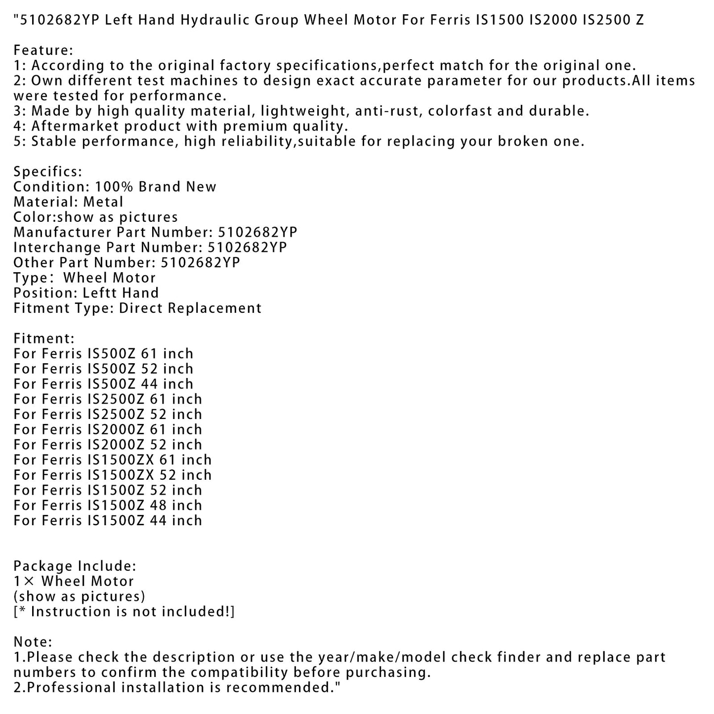 5102681YP Left Hand Wheel Motor for?Ferris?IS1500/IS2000 ¨C Aftermarket