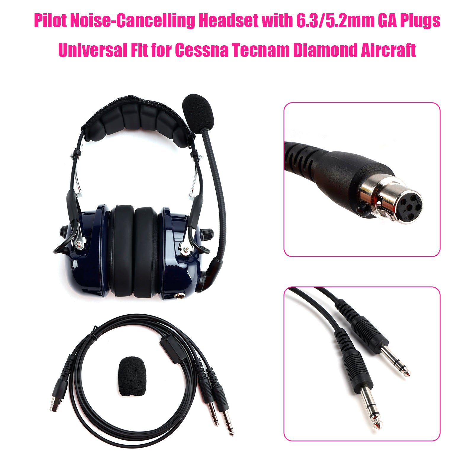 Pilot Noise-Cancelling Headset with 6.3/5.2mm GA Plugs Universal for Aircraft