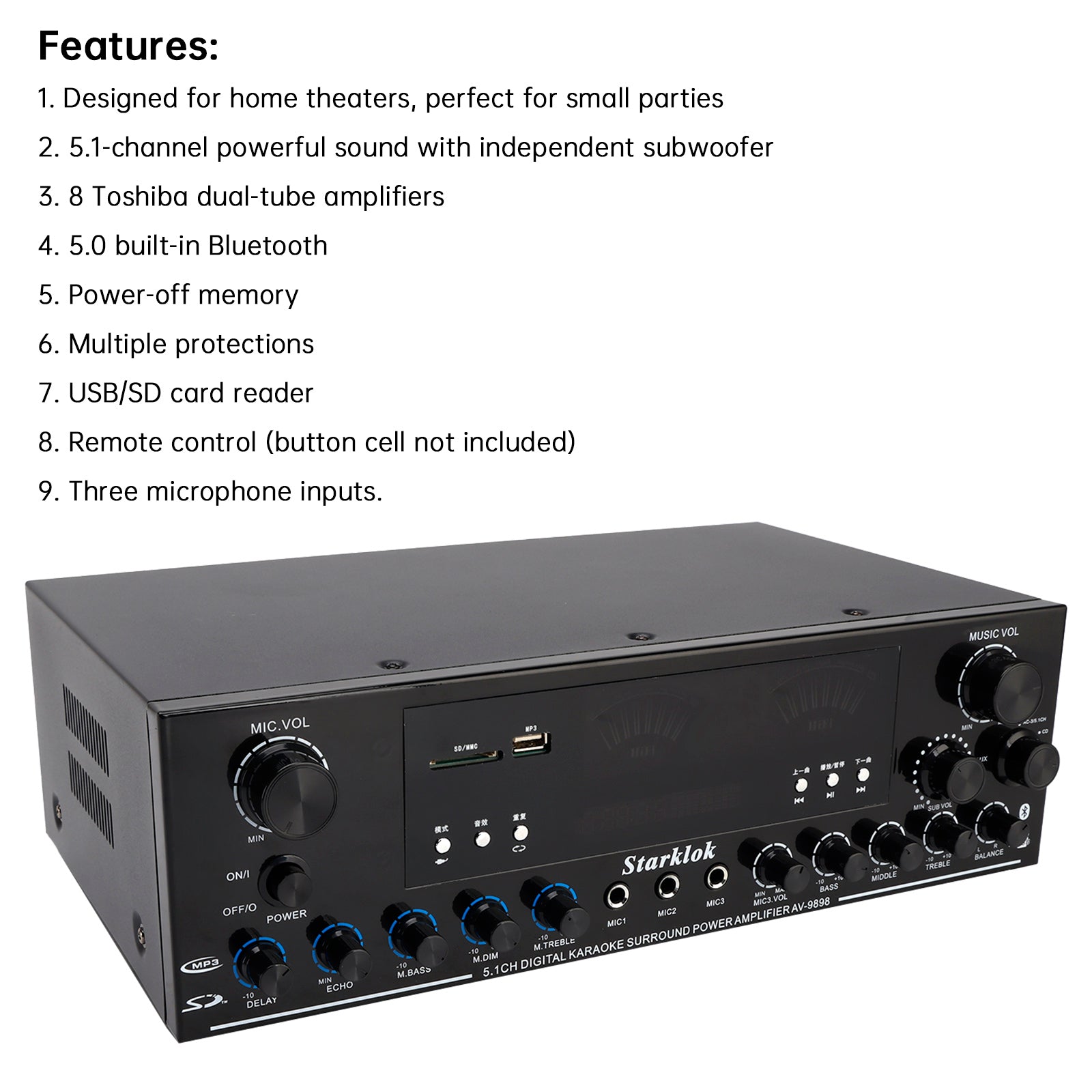5.1 Channel Bluetooth Power Amplifier, 3000W HiFi Stereo Audio Amp with Subwoofer Output