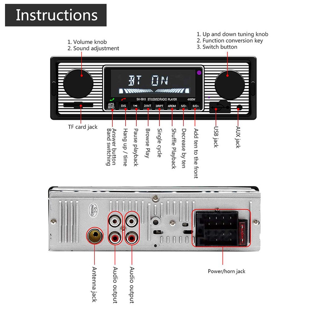 Vintage Classic Bluetooth Car Stereo FM Radio MP3 Player Receiver USB/SD/AUX