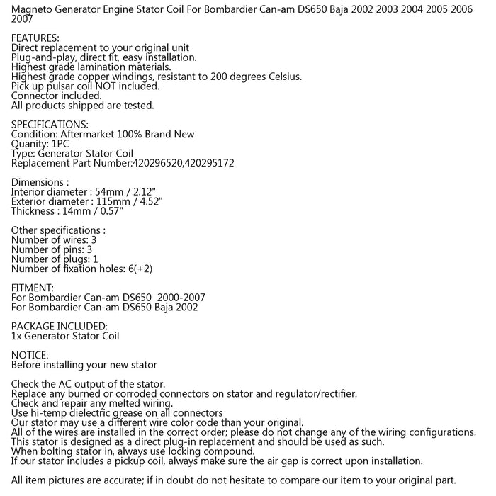 00-07 Bombardier Can-am DS650 420296520 420295172 Alternator Stator Coil