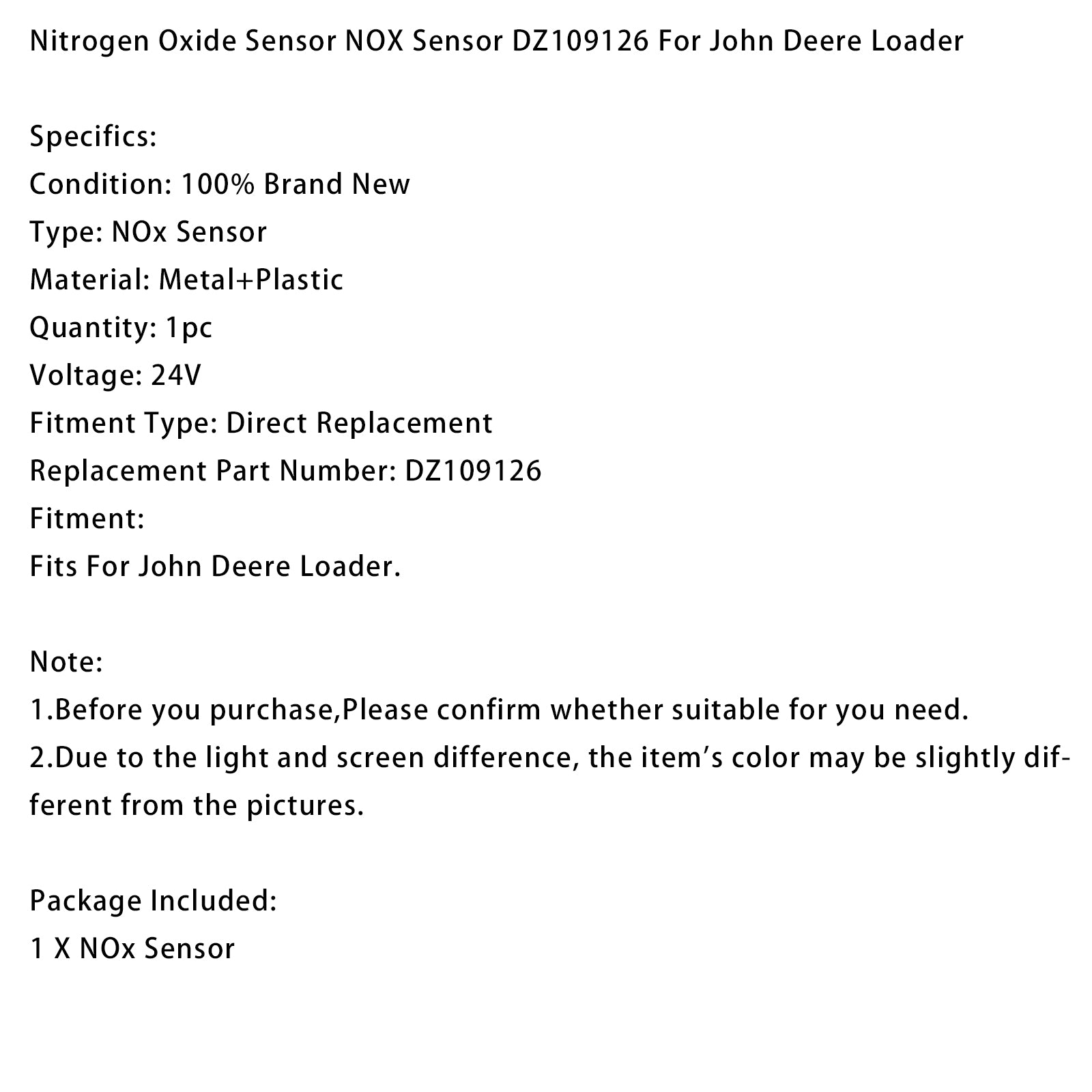 DZ109126 Nitrogen Oxide Sensor NOX Sensor Fits For John Deere Loader