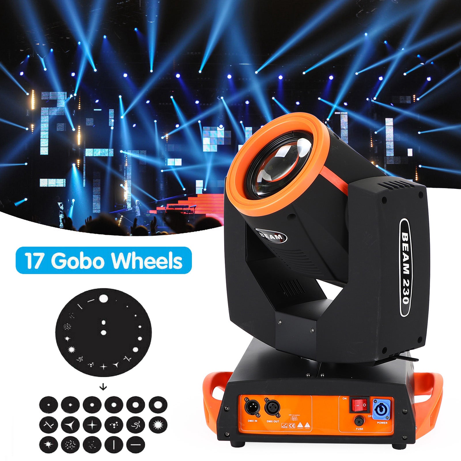 7R 230W Sharpy Beam Moving Head Light with 8-Facet Prism, 17 Gobos & Color Wheel, DMX 16CH for DJ Stage