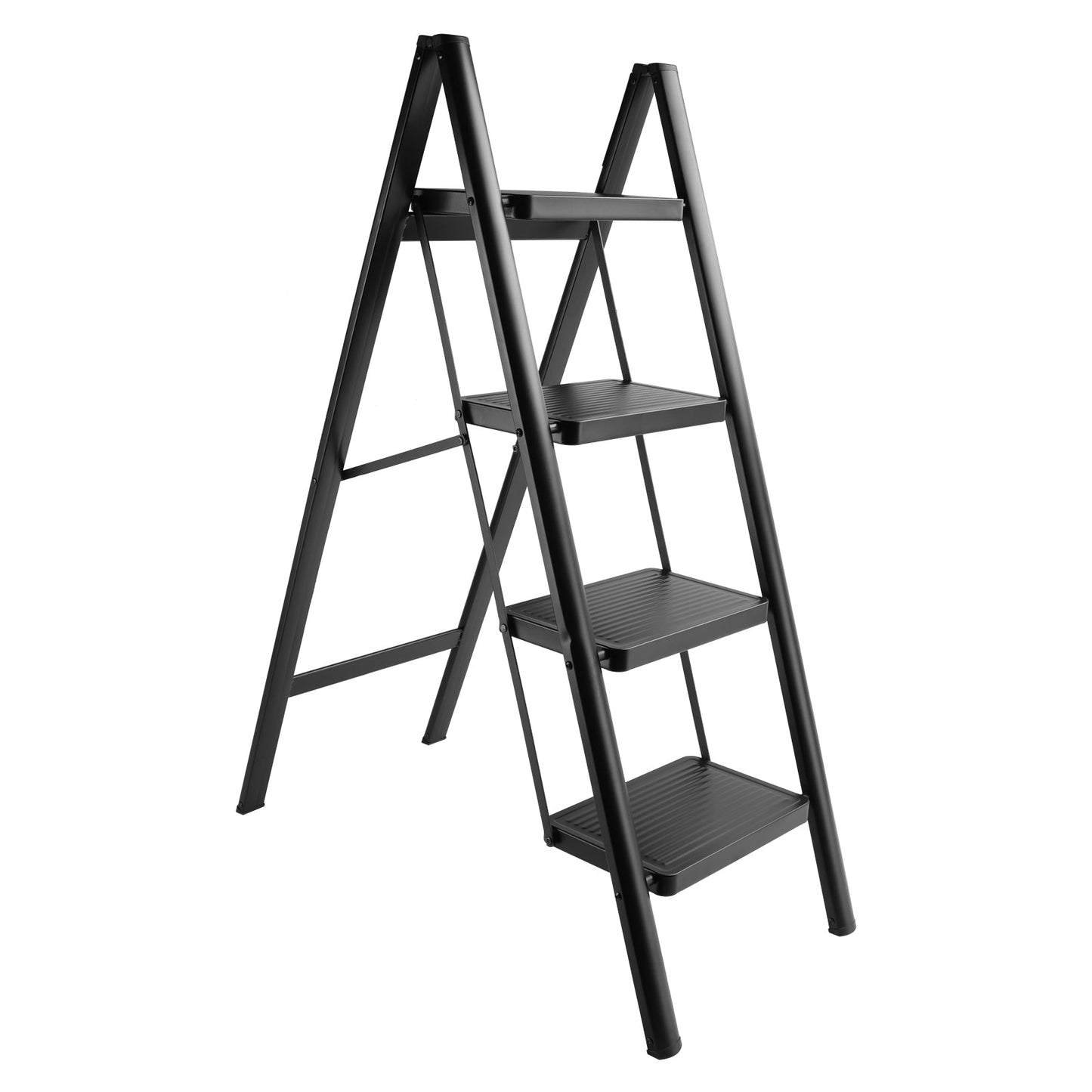 4-Step Ultra-Slim Folding Ladder, 2" Thick Carbon Steel Step Stool with Wide Anti-Slip Pedals, 330 lbs Capacity (Black)