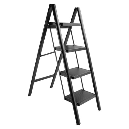 4-Step Ultra-Slim Folding Ladder, 2" Thick Carbon Steel Step Stool with Wide Anti-Slip Pedals, 330 lbs Capacity (Black)