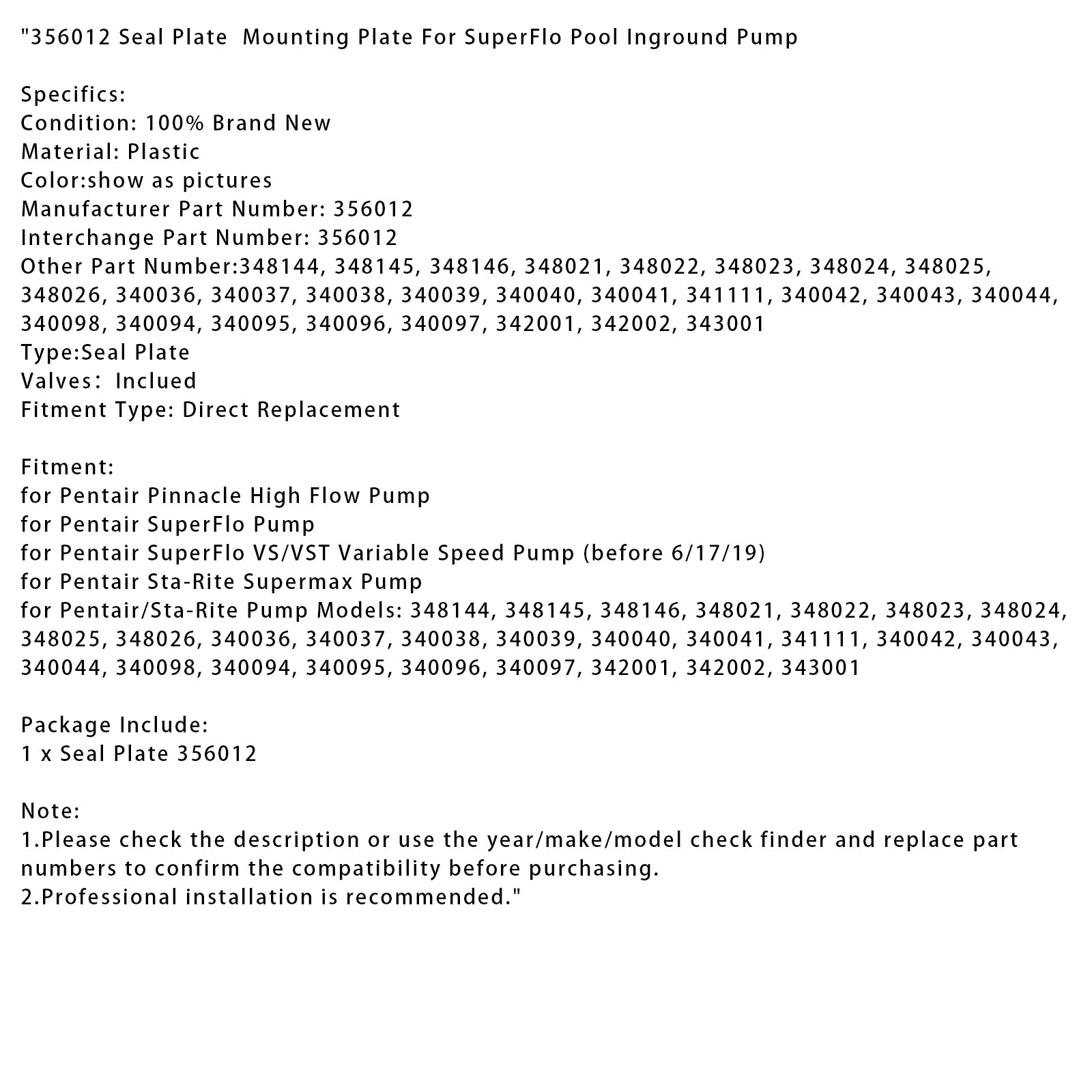Pentair 356012 Seal Plate Mounting Plate – Replacement Part for SuperFlo Inground Pool Pump