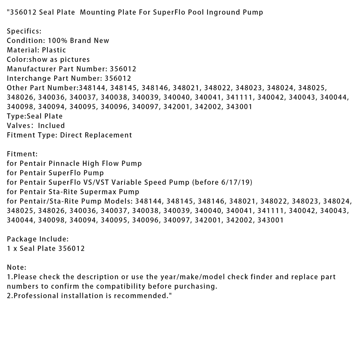 Pentair 356012 Seal Plate Mounting Plate – Replacement Part for SuperFlo Inground Pool Pump