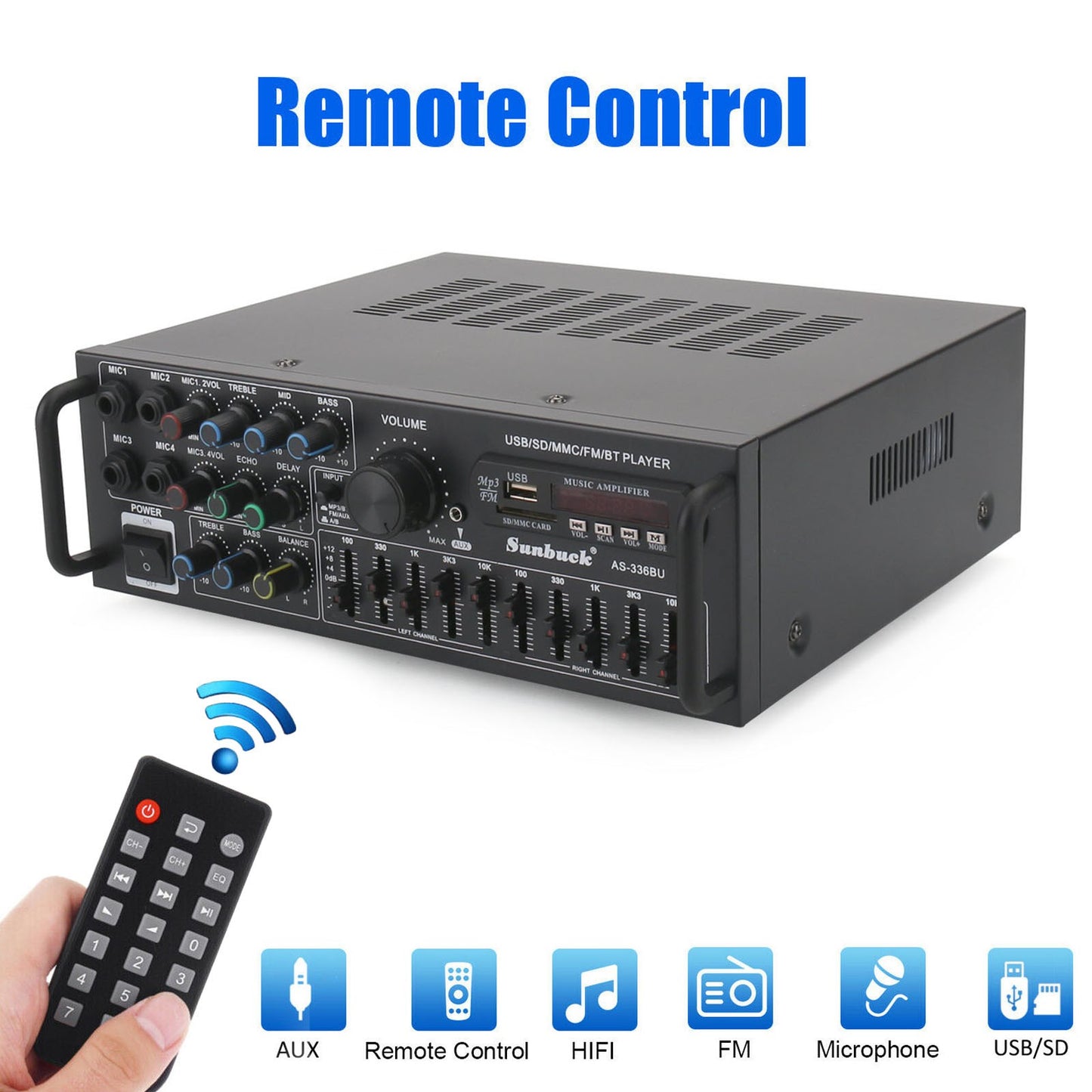 ☆2000W Bluetooth HiFi Power Amplifier Karaoke USB EQ Mixer SUNBUCK with Remote Control for Car and Home