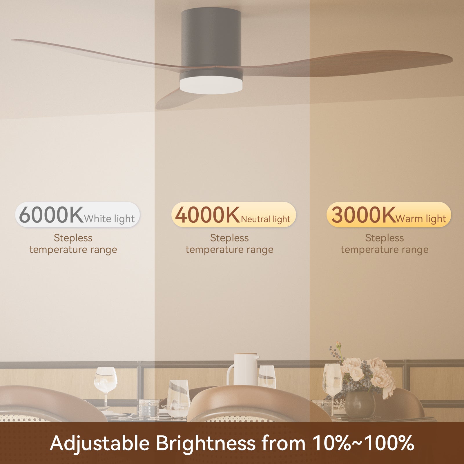 52-Inch Smart Ceiling Fan with Light, Quiet DC Motor, Remote & App Control, Dimmable 3-Color LED, 6-Speed Reversible