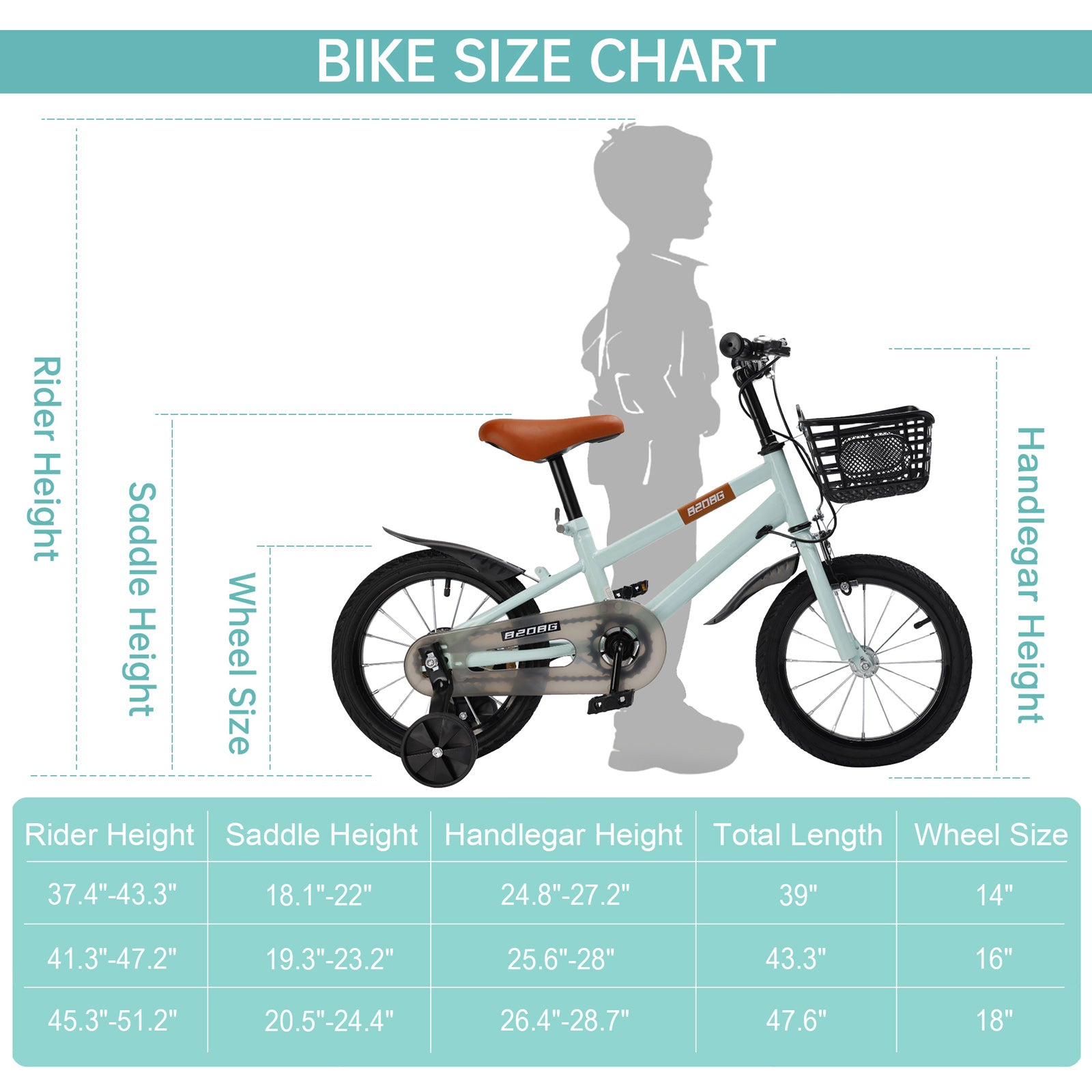16" Children Bicycle Toddlers Bike with Training Wheels Basket Kickstand Cyan