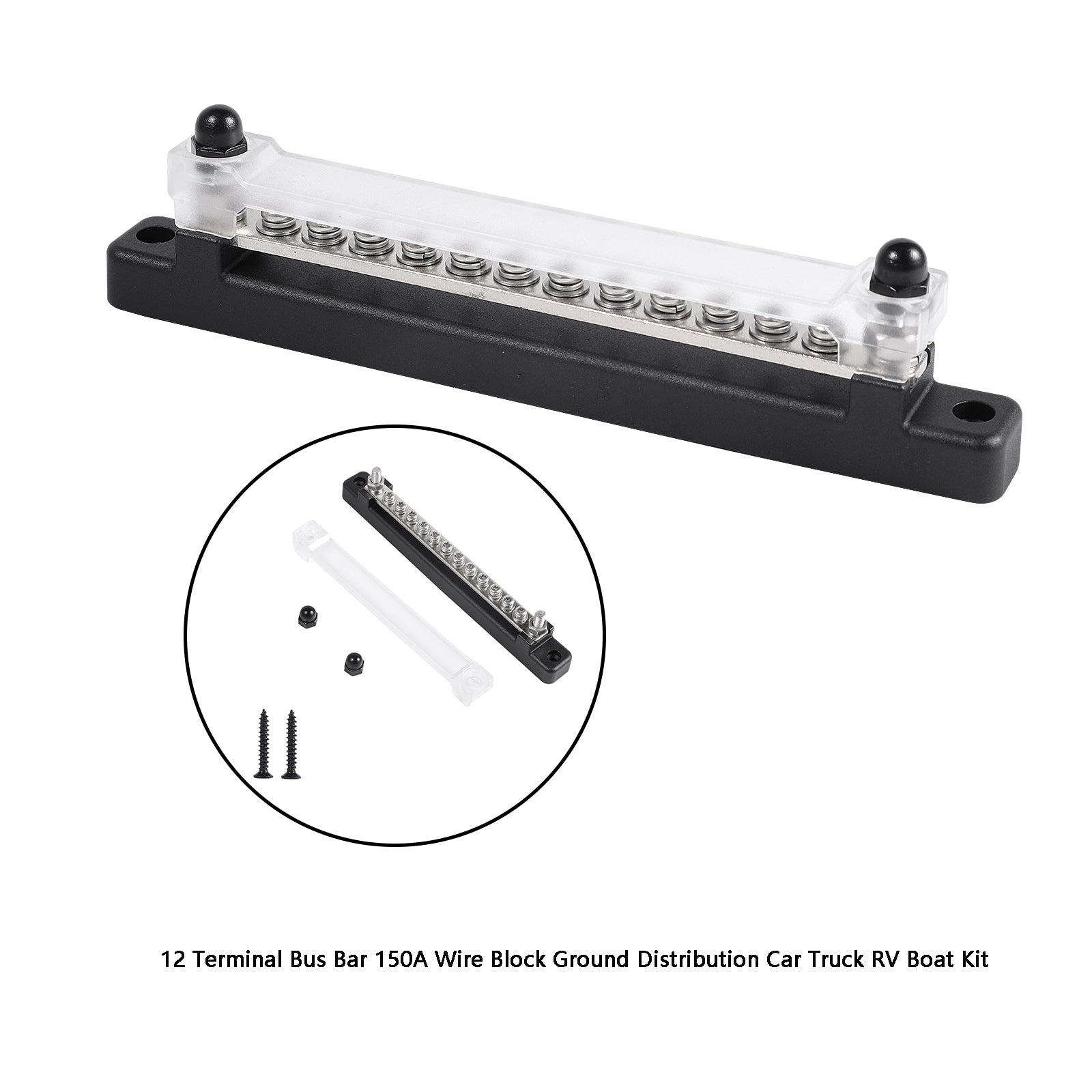 150A 12 Terminal Bus Bar Kit with Cover, Power & Ground Distribution Block for Automotive, Marine, RV & Solar