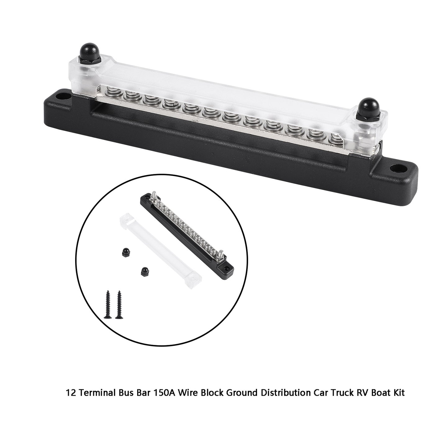 150A 12 Terminal Bus Bar Kit with Cover, Power & Ground Distribution Block for Automotive, Marine, RV & Solar