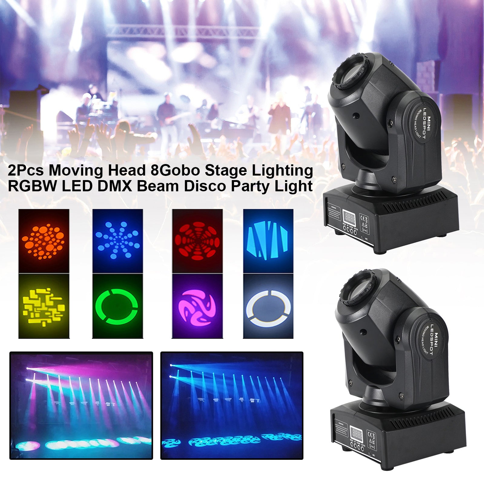 4Pcs Moving Head 8Gobo Stage Lighting RGBW LED DJ DMX Beam Bar Party Light