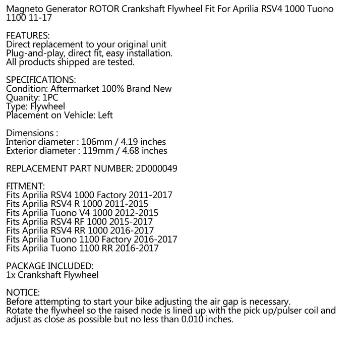 2011-2017 Aprilia RSV4 1000 1100 Tuono Flywheel Magneto Generator Rotor