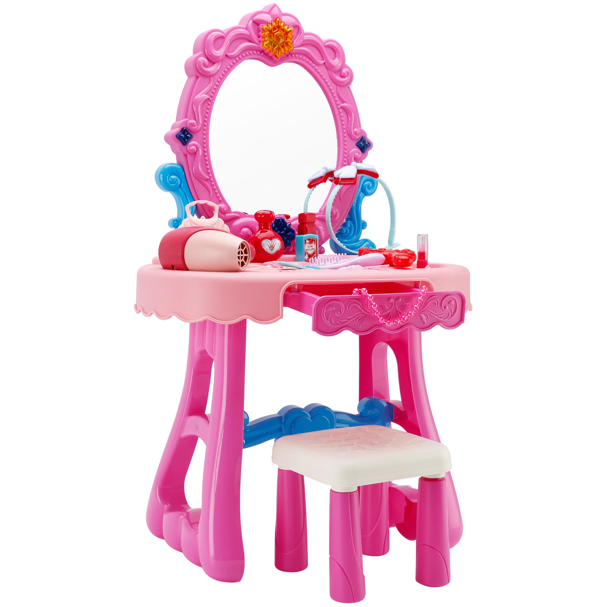 Toddler Makeup Table with Mirror and Chair Kids Vanity Set with Blowdryer for 3+