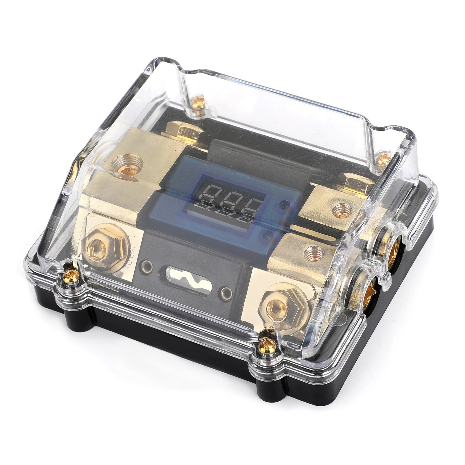 LED Display 1x0 IN 2x4GA OUT Distribution Block Fuse Holder Clear Cover Nickel Plated Splitter Heat resistant plastic housing for Car Audio Marine