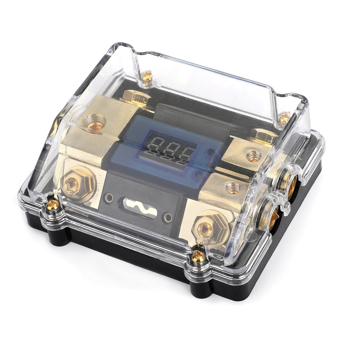 LED Display 1x0 IN 2x4GA OUT Distribution Block Fuse Holder Clear Cover Nickel Plated Splitter Heat resistant plastic housing for Car Audio Marine