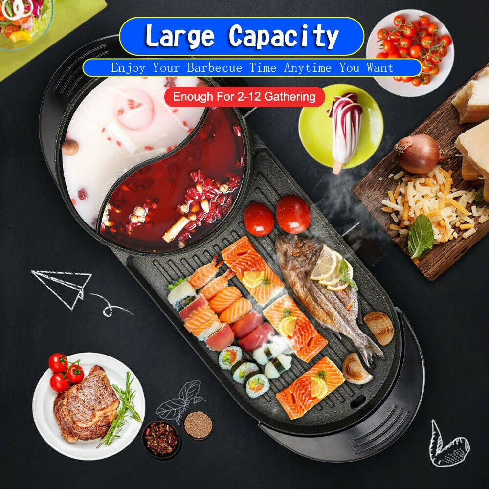 2-in-1 Electric Hot Pot and Grill for Indoor Korean BBQ & Shabu-Shabu, Large Non-Stick Pan for 7-8 People