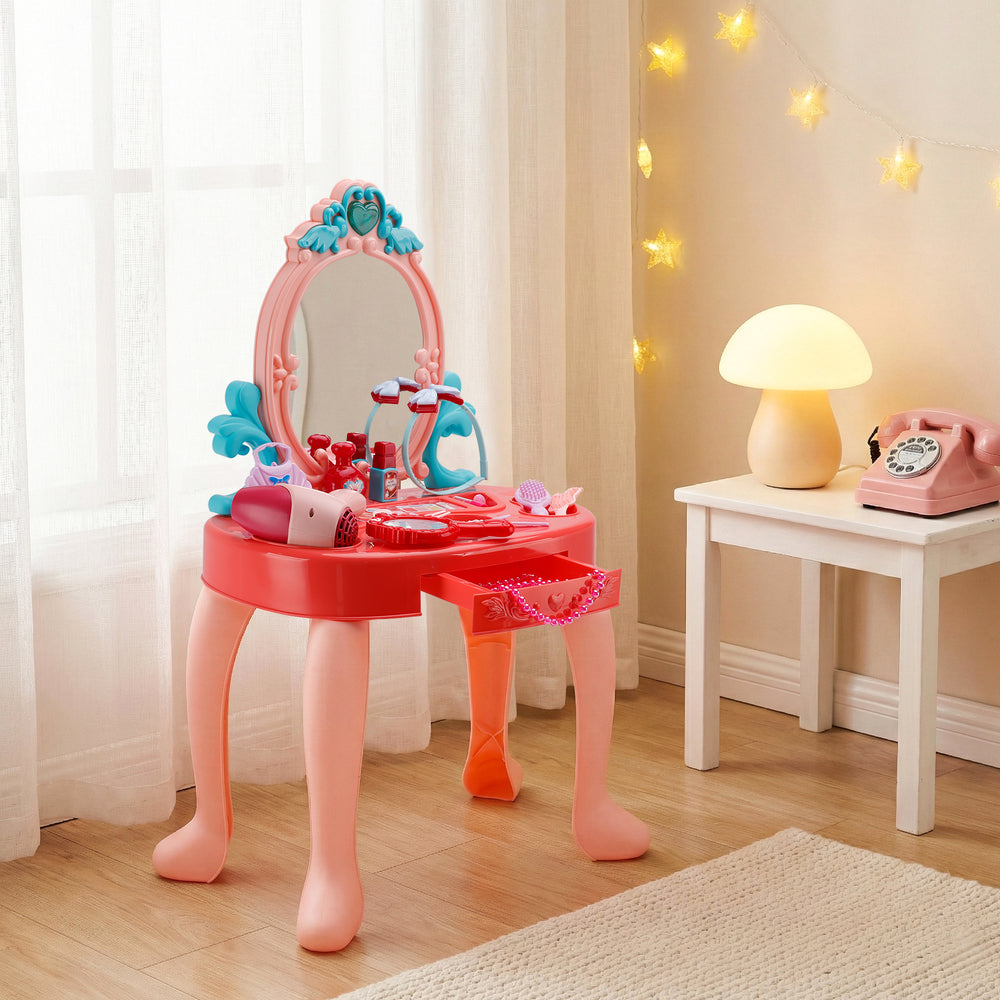 Toddler Makeup Table with Mirror and Chair Kids Vanity Set with Blowdryer for 3+