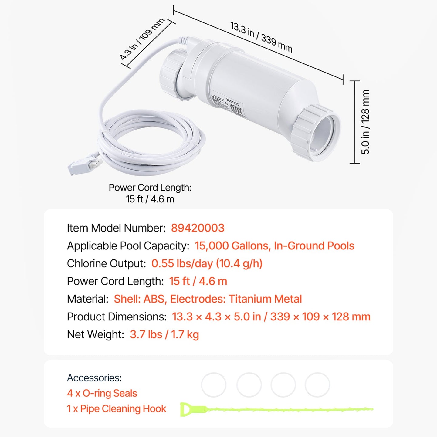 Salt Chlorine Generator 20CELL-15/89420001 40,000 Gallons For Swimming Pool