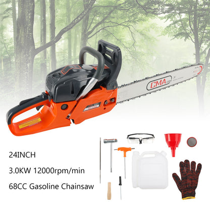 24inch 68CC Gasoline Chainsaw Cutting Wood Gas Sawing Aluminum Crankcase Chain Saw