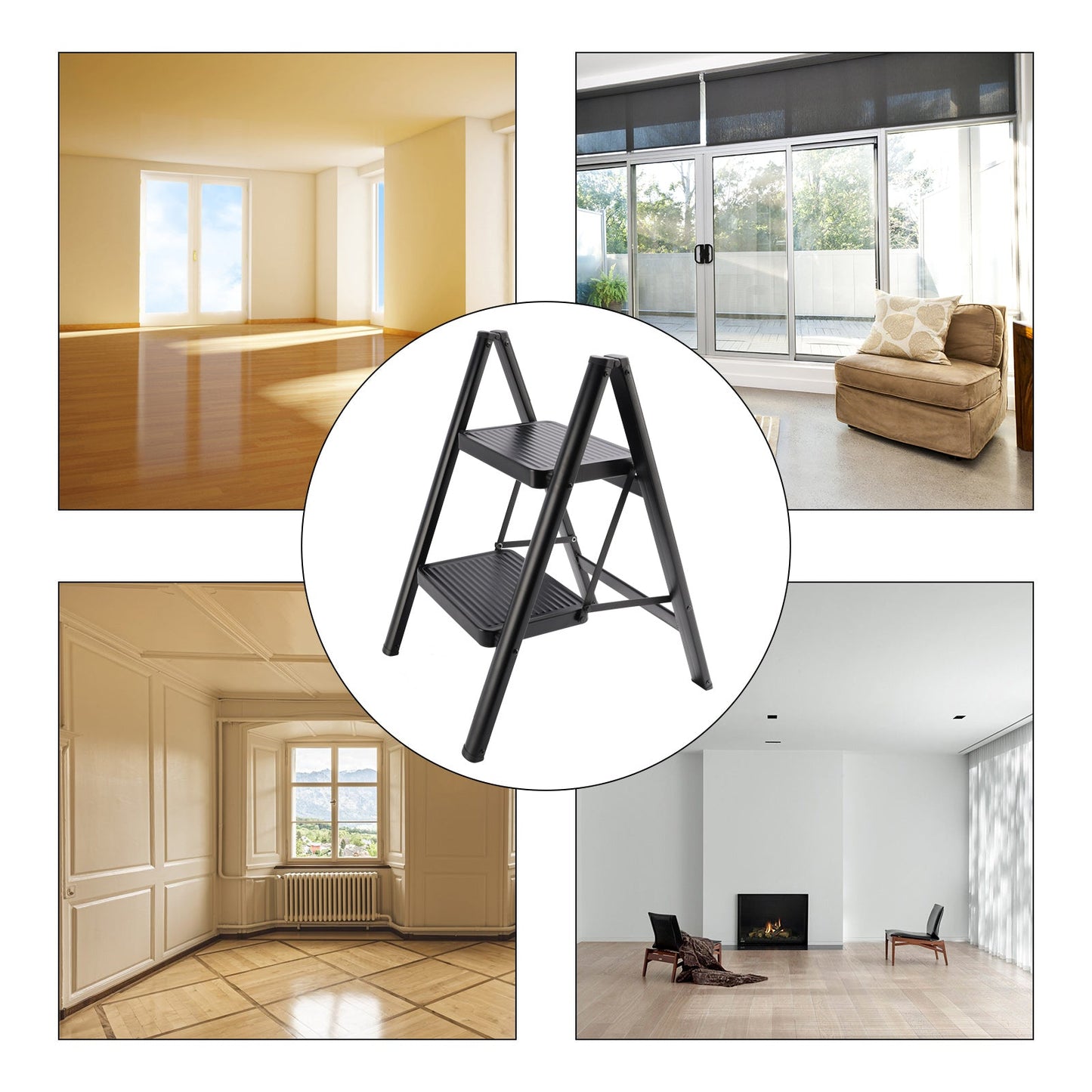 2-Step Ultra-Slim Folding Step Stool, 2" Thick Carbon Steel with Wide Anti-Slip Pedals, 330 lbs Capacity (Black)