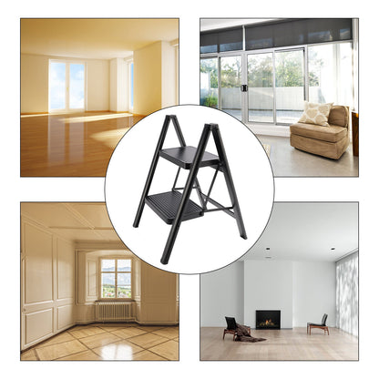 2-Step Ultra-Slim Folding Step Stool, 2" Thick Carbon Steel with Wide Anti-Slip Pedals, 330 lbs Capacity (Black)