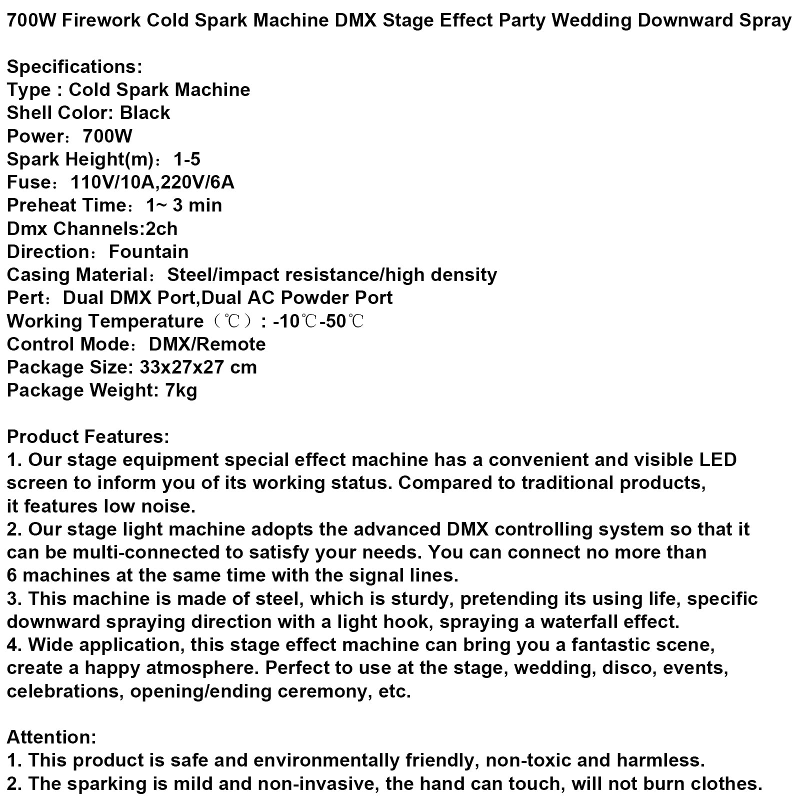 700W Cold Spark Firework Machine – DMX Stage Effect for Party, Wedding, Event Downward Spray
