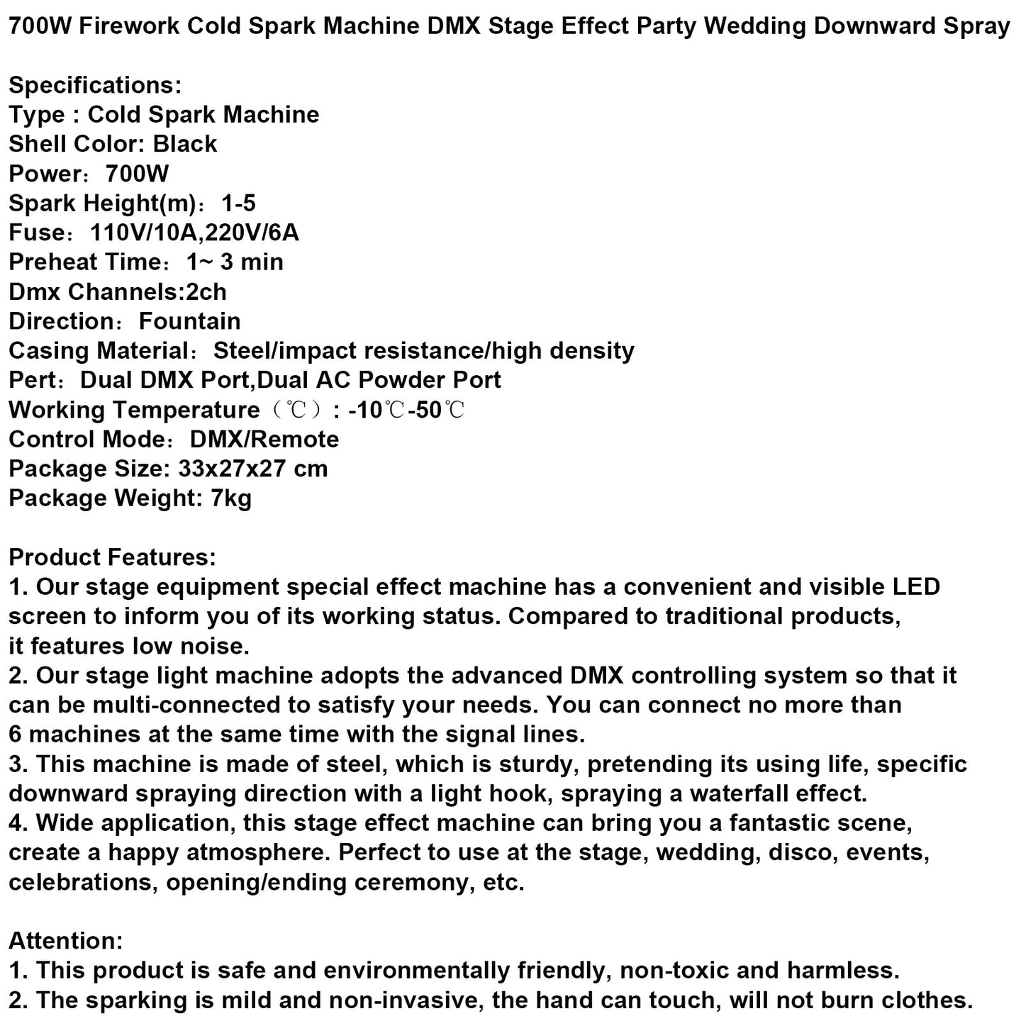 700W Cold Spark Firework Machine – DMX Stage Effect for Party, Wedding, Event Downward Spray