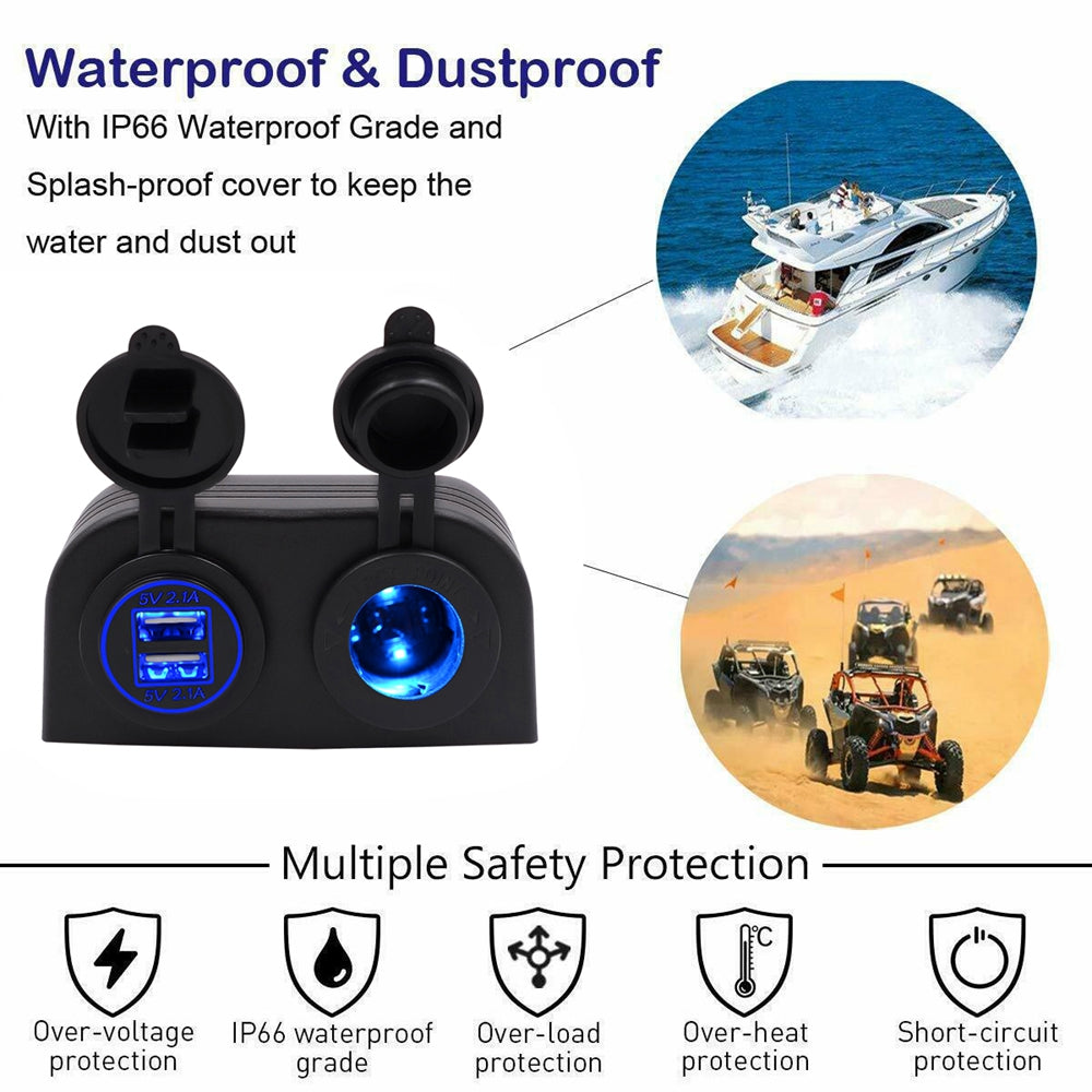 12V Dual USB Car Charger Socket – 4.2A Power Outlet with Surface Mount for Marine, RV, Truck, Boat