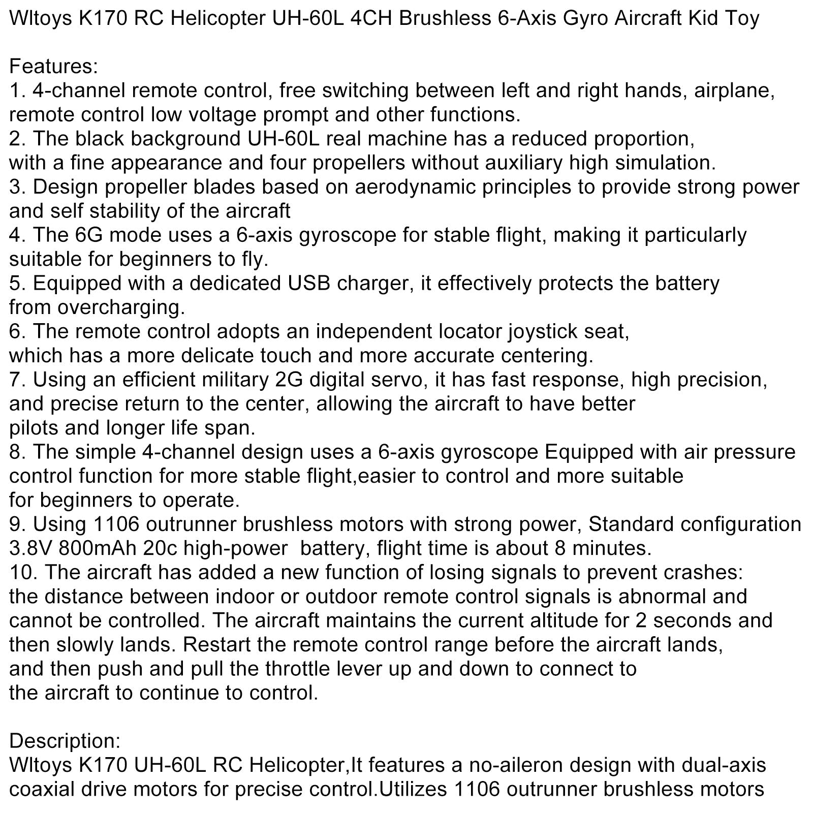 Wltoys K170 RC Helicopter â€?Signal Loss Protection + USB Charger