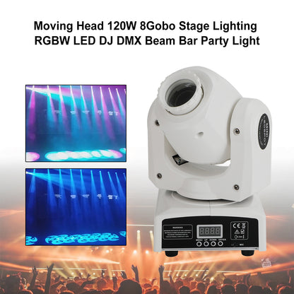 120W RGBW LED Moving Head Stage Light with 8 Gobo Patterns – DJ DMX Beam Party Lighting
