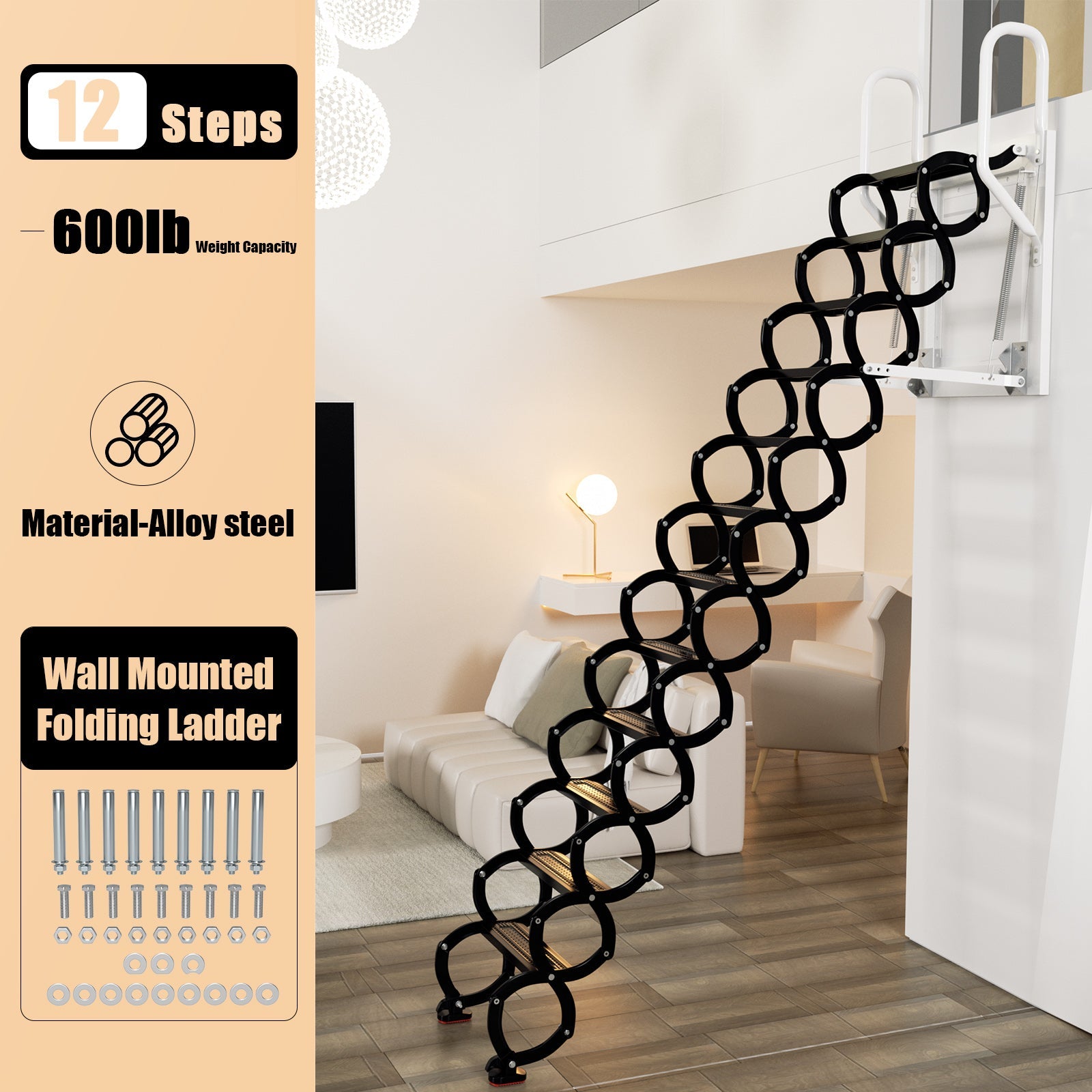 12-Step Folding Attic Ladder for 27.6" x 23.6" Wall Opening, 600 lbs Capacity Pull-Down Loft Stairs, up to 9.84ft Ceiling Height (Black)